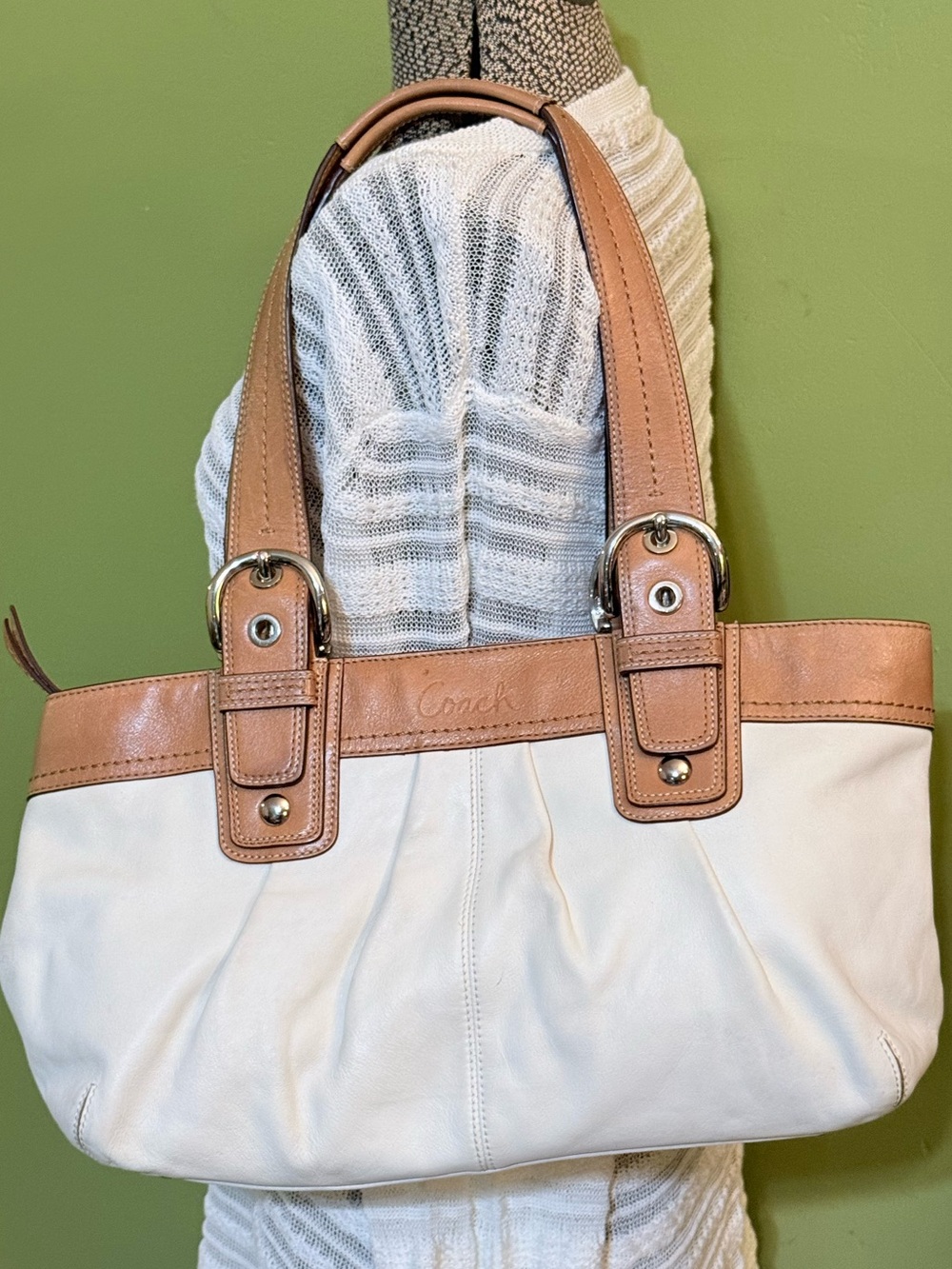 Coach White Leather SoHo Tote with Tan Trim and Straps